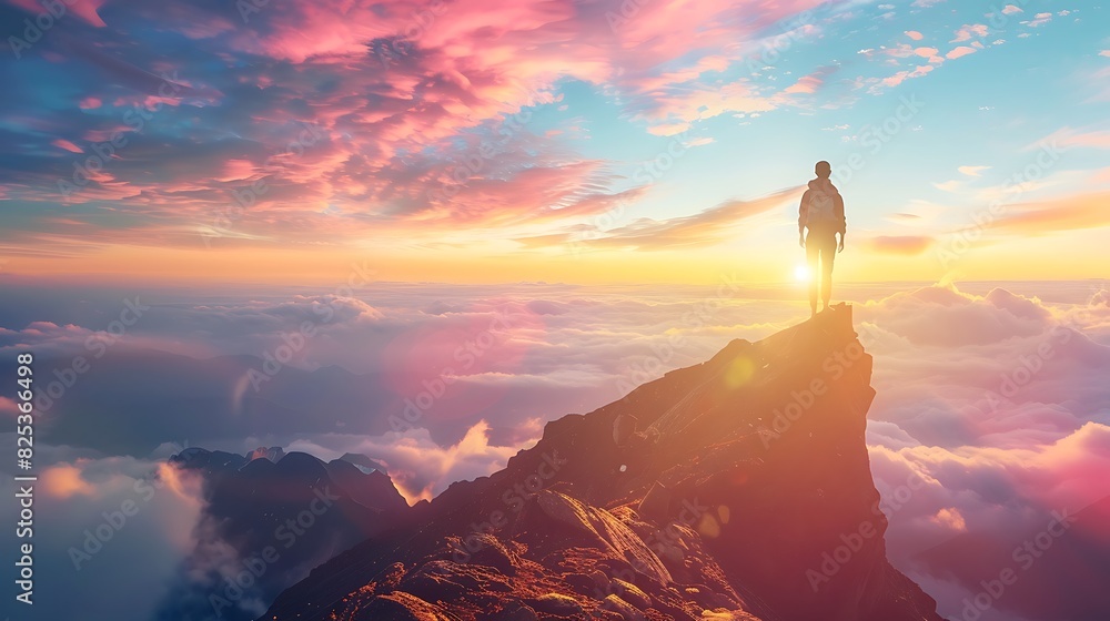 The man standing on the top of the mountain and watching the sunrise. The man standing on the top of the mountain and watching the sunrise.