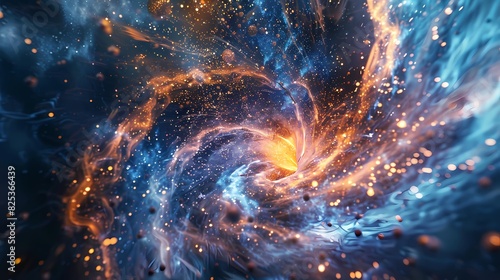 A scene of a particle whirlwind  with a background of particles of matter and energy