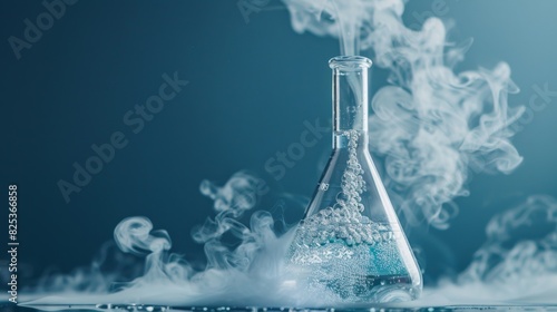 The image shows a chemical reaction in a glass beaker. The reaction is producing a lot of smoke. photo