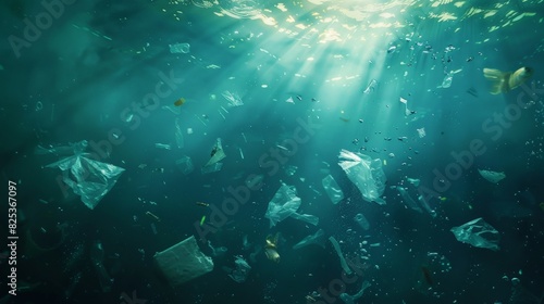 Underwater plastic pollution. Sunlight shining through the ocean water, illuminating the floating plastic bags and trash.