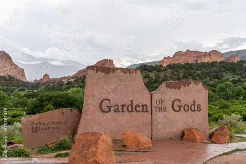 Scenic Garden of the Gods sign in Colorado Springs, CO, USA.