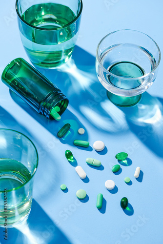 medicines with drinking water in glass over blue background photo