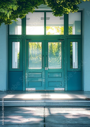  close up shot of front doors, modern school, no trees or bushes, bright beautiful day, sun light photo