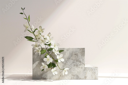 White jasmine flowers on a marble podium with a beige background.