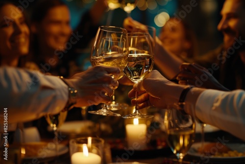 A group of friends is enjoying a lovely evening dinner, raising their glasses for a toast with wine in a cozy and festive atmosphere, filled with happiness, laughter, and connection among them photo