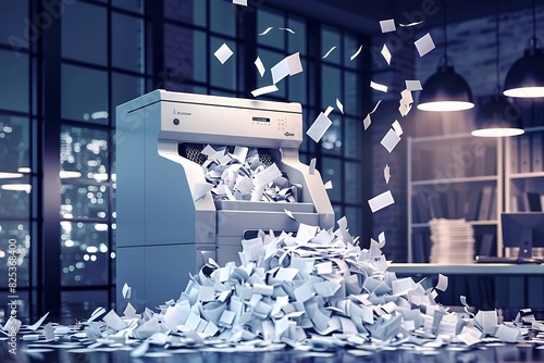 a modern office paper shredder that has just been used, convey a sense of document destruction event. photo