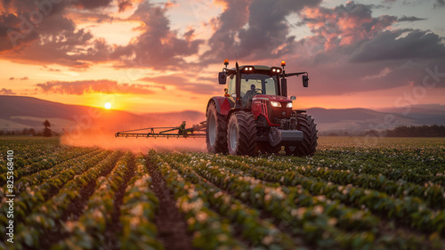 Irrigation tractor at sunset  showcasing tech role in modern agriculture and food sustainability generative ai