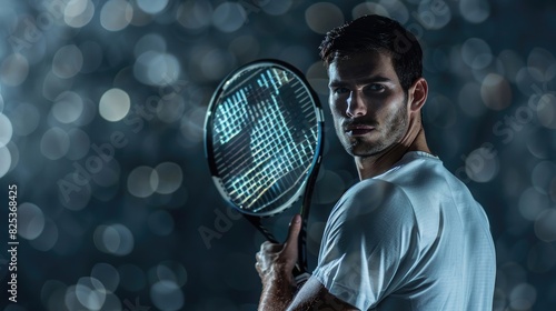 Candid portrait of a handsome tennis player holding a racket in a white t-shirt on a dark background, with blurred light effects and bokeh, in a high-contrast, high-resolution photographic style. © Khalif