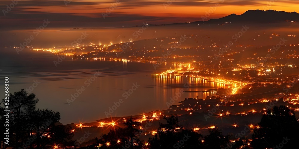 Nighttime aerial view of Italy showing city lights coastline and countryside. Concept Aerial Photography, Italy, Nightscapes, City Lights, Countryside Scenery
