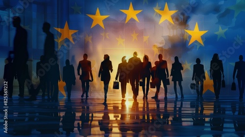 Election in Europe. Silhouettes of people on the background of the flag of the European Union. photo