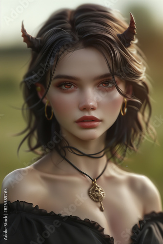 Beautiful girl with horns and red eyes. Fantasy RPG style