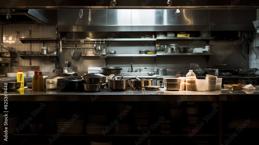 Professional restaurant kitchen interior, indoor dark background with furniture and utensils.