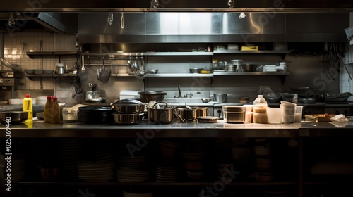 Professional restaurant kitchen interior  indoor dark background with furniture and utensils.