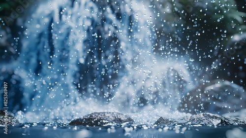 A scene of a waterfall, with a background of water particles and mist