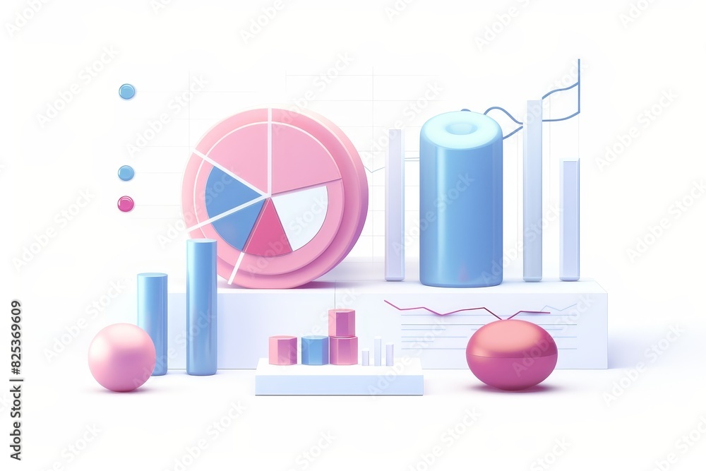 3D illustration of various charts and graphs in pastel colors, representing data analysis and business statistics in a modern colorful design. 3D illustration of various charts and graphs in pastel colors, representing data analysis and business statistics in a modern colorful design.