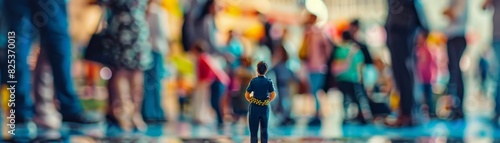 A miniature figure of a man stands alone in a busy, colorful crowd, highlighting themes of isolation and individualism in a lively urban setting. photo