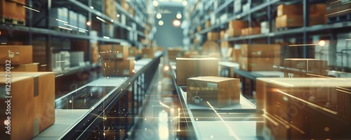 A modern warehouse filled with stacked boxes on shelves, showcasing an efficient logistics and distribution system. Blurred movement and lights. photo