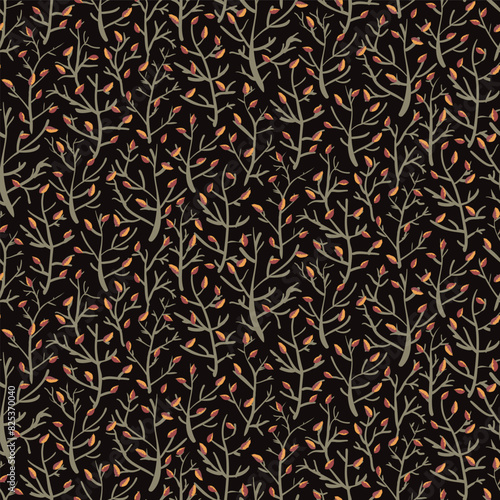 Leaf and sprig vector seamless background pattern. Backdrop with autumn leaves and stems. Fiery fall color design. Scattered sprigs dense texture. Decorative botanical repeat for fall, autumn