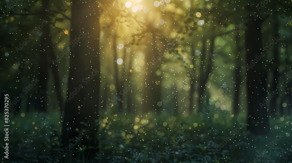 A serene forest glade at dawn, with a defocused background filled with tiny, shimmering particles - A serene forest glade at dawn, with a defocused background filled with tiny, shimmering particles -