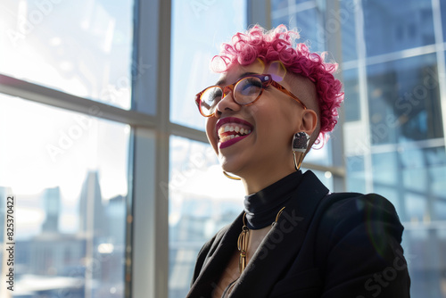 Inclusive image of candid lesbian business woman with pink hair looking out of office window. Successful gay female entrepreneur. Inclusion & diversity at work. DEIB LGBTQ+ friendly photo