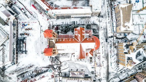 Aerial shot of the St. Michael s Church in Qingdao  Shandong Province  China on a snowy day