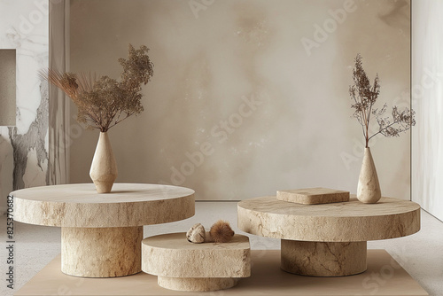 Three round stone podium with vases on them in a room with a marble floor and walls. photo