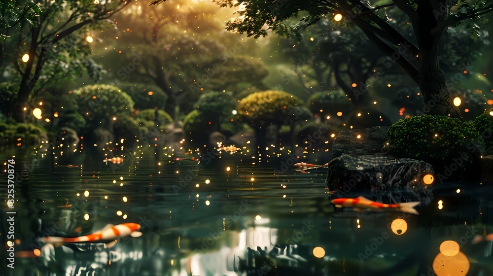 A serene Japanese garden with a koi pond, and a defocused background of softly glowing particles - A serene Japanese garden with a koi pond, and a defocused background of softly glowing particles -