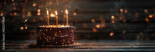A delightful chocolate cake with candles, perfect for special celebrations. A tempting treat for chocolate lovers in the warm evening light, decorated with golden sprinkles for a festive touch photo