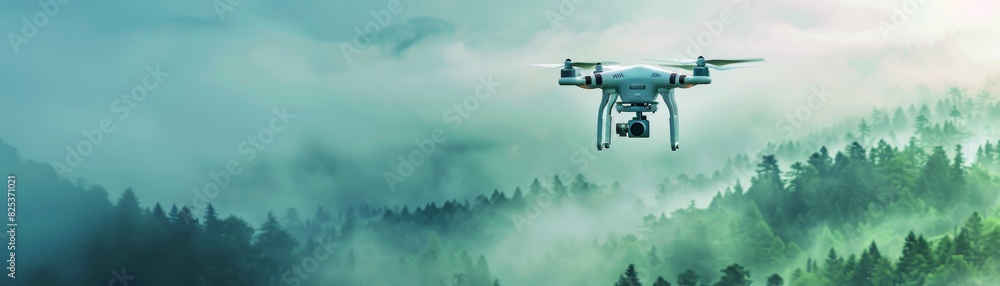 Naklejka premium Aerial drone flying over a misty forest landscape capturing stunning views. High technology drone for nature photography.