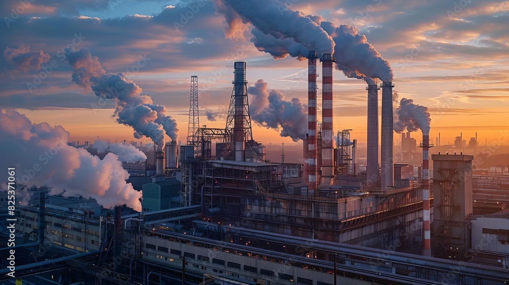 Industrial factory with chimneys emitting smoke against a vibrant sunset sky, signifying air pollution and environmental impact.