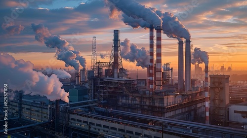Industrial factory with chimneys emitting smoke against a vibrant sunset sky, signifying air pollution and environmental impact. photo