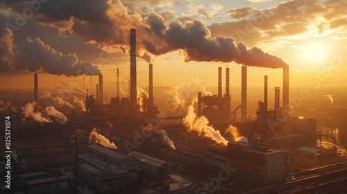 Industrial landscape at sunset with smoke emitting from multiple factory chimneys, highlighting pollution and urban industry.