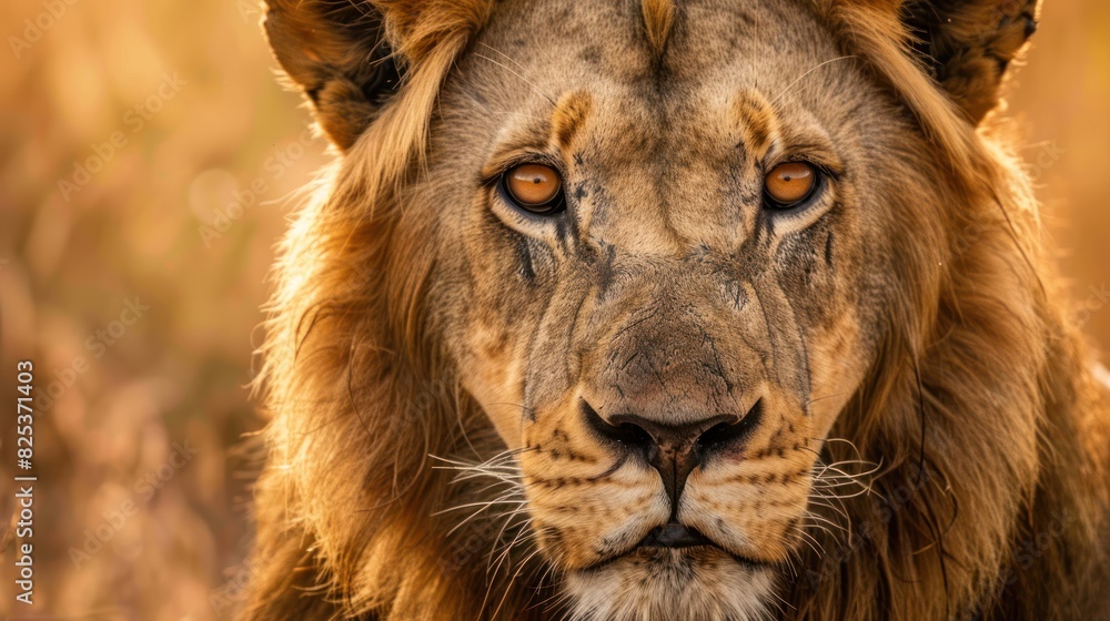 Fototapeta premium Face of lion looking to camera.