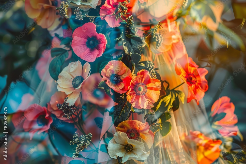 Closeup of intricate floral patterns on a summer dress, vibrant colors, photorealistic, Double exposure, botanical garden backdrop Closeup of intricate floral patterns on a summer dress, vibrant colors, photorealistic, Double exposure, botanical garden backdrop