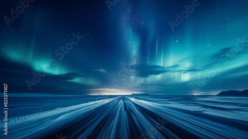 Northern Lights Over Snowy Highway Landscape.