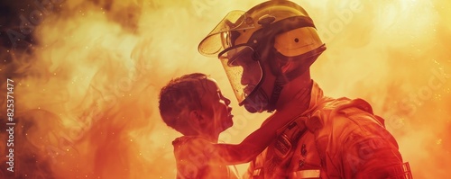 Brave firefighter rescuing a young child from a dangerous fire, showcasing courage and heroism in a life-saving moment. photo