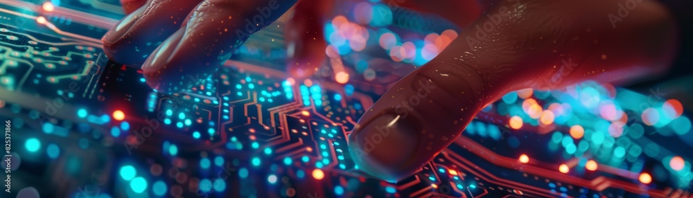 Close-up of a hand interacting with a glowing computer circuit board, depicting advanced technology and digital innovation.