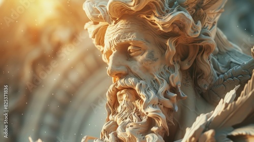 Close-up of a detailed marble sculpture of a majestic bearded figure with intricate hair and serene expression, bathed in warm light. photo