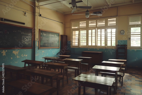 An empty classroom with rows of desks and a chalkboard at the front