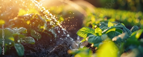 Close-up of a lush green vegetable field with sunlight and water droplets  showcasing vibrant growth and healthy agriculture.