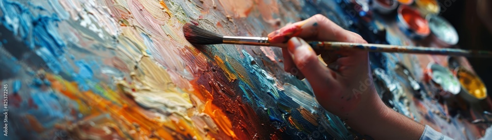 Fototapeta premium Close-up of artist's hand painting with a brush on a colorful canvas. Vibrant abstract art in progress.