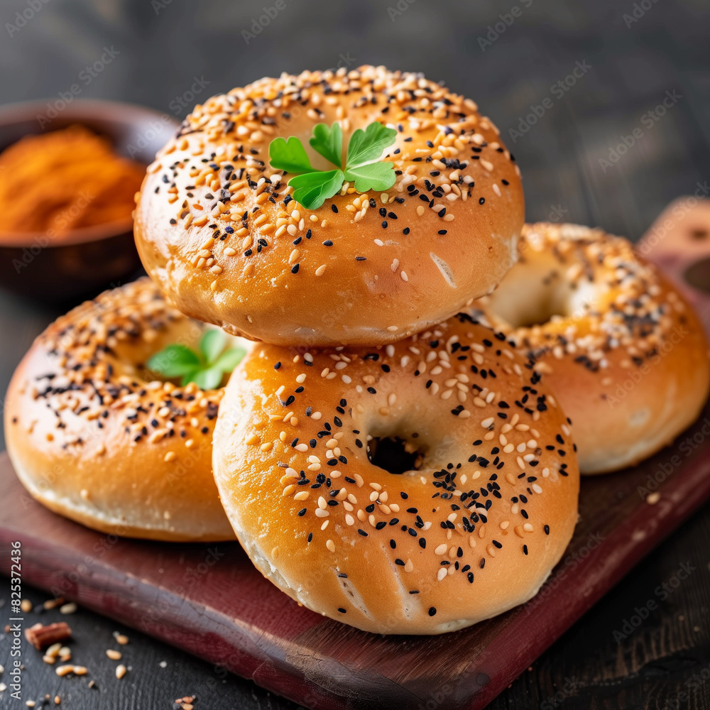 Tasty Bagels Platter on a Maroon Bakery Counter with Copy Space Tasty Bagels Platter on a Maroon Bakery Counter with Copy Space
