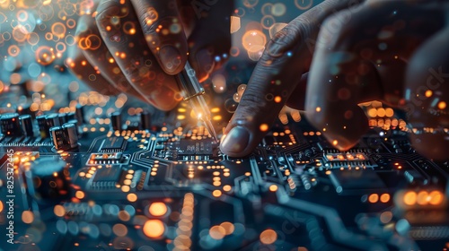 Close-up of hands working on a circuit board with intricate details and glowing lights, representing technology and electronics innovation.