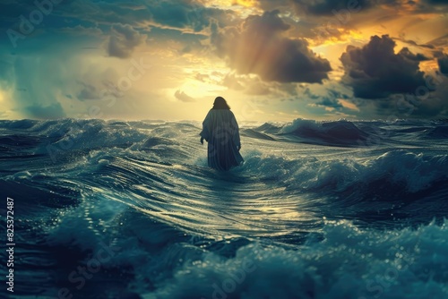 Jesus walking on water across the sea during a storm. Back view. Biblical theme. Religious concept.