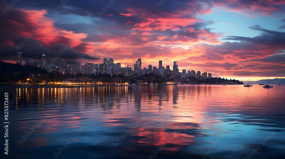 Vibrant city lights reflecting on the waters at dusk Vibrant city lights reflecting on the waters at dusk