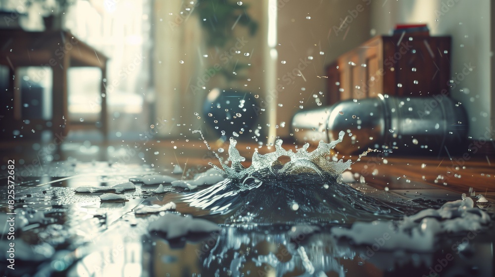 Water splash from pipe burst in home interior. Stock Photo | Adobe Stock