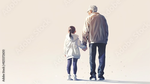 Grandfather and granddaughter, side by side, holding hands photo