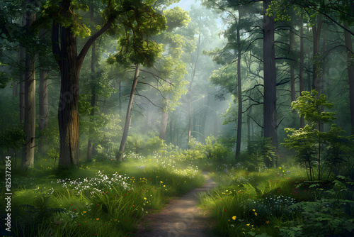 Tranquil Forest Pathway Winding Through Lush Trees with Dappled Sunlight and Vibrant Wildflowers