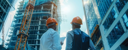 Construction workers with hard hats discussing building progress on a skyscraper site, sunlight shining through modern structures.