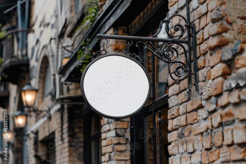 A blank, round shop sign mockup with a vintage metal frame, hanging from a wrought iron pole in front of a charming brick building. photo